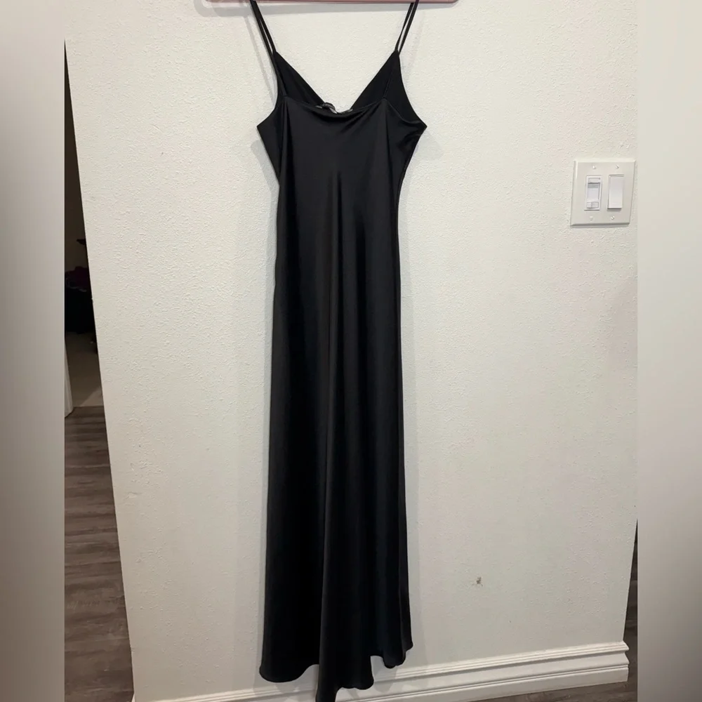 ZARA Black Satin Wrap Midi Dress XS | Side Button Slip Dress Elegant Minimalist - Picture 8 of 8